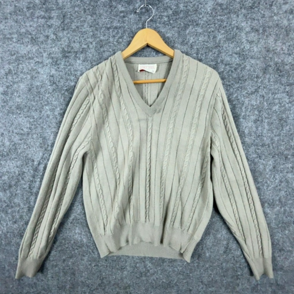 Vintage Lord Jeff Sweater Mens Medium Beige Dupont‎ Orlon Retro USA Made V Neck